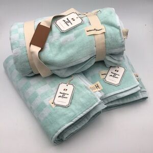 Business & Pleasure Beach Blanket and 2 Beach Towels Vintage Blue Check 3 Pc Set
